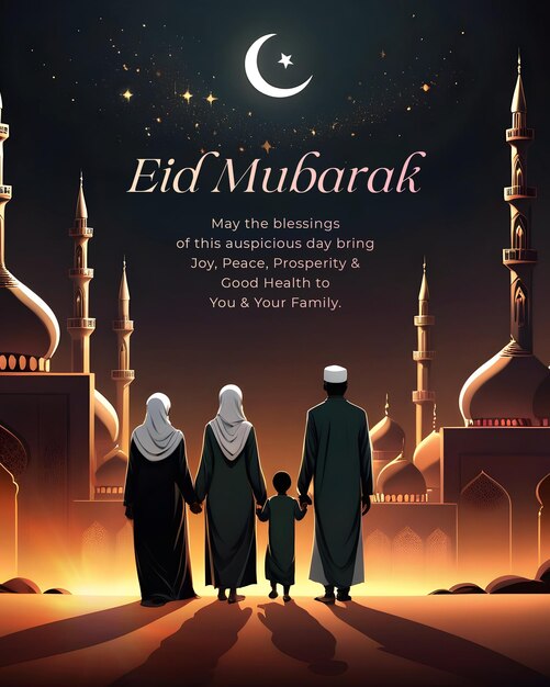 Desideri di Eid mubarak con una famiglia musulmana in piedi davanti all'illustrazione della moschea