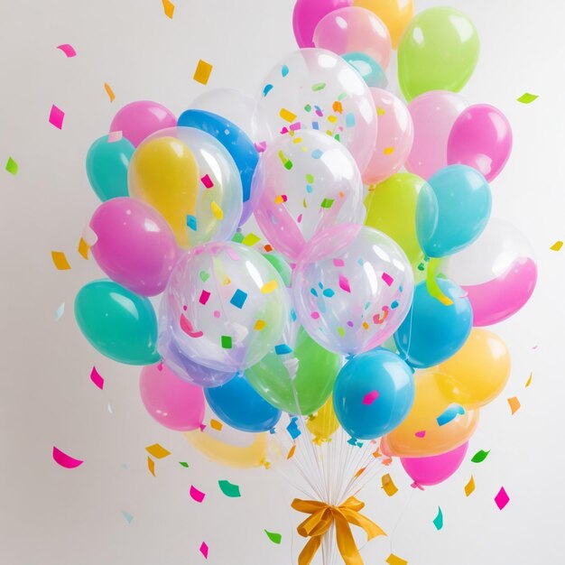 Design accattivante con palloncini trasparenti pieni di confetti colorati che aggiungono un tocco di sorpresa