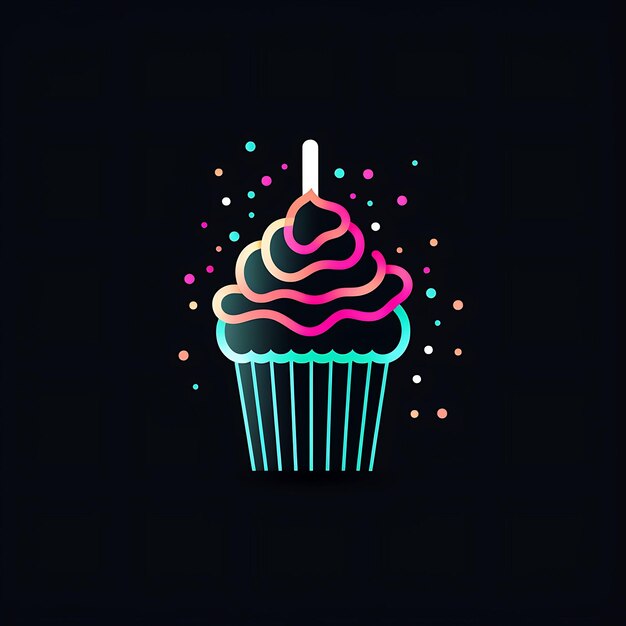 Design al neon del logo Cupcake con coriandoli e cappello da festa rosa pastello e tatuaggio Idea Clipart minimo