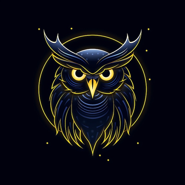 Design al neon del logo del gufo con la luna e le stelle blu notte e giallo brillante Clipart Idea Tattoo