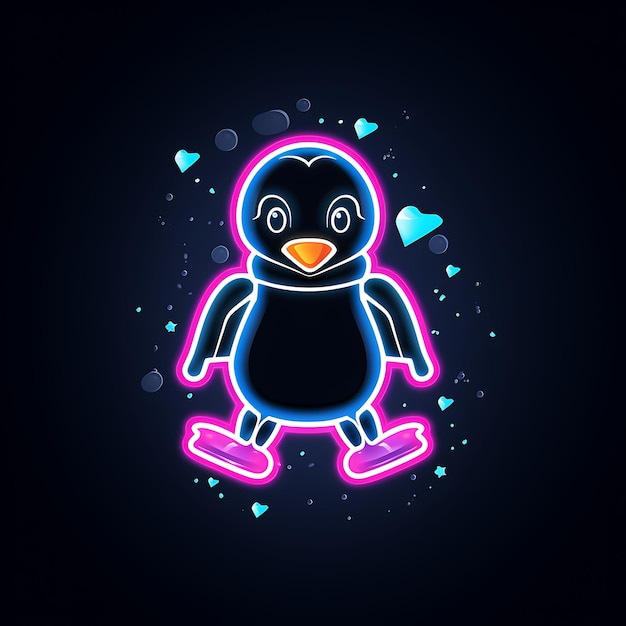 Design al neon del logo del pinguino carino con papillon e pattini da ghiaccio che cadono Snowfla Clipart Idea Tattoo