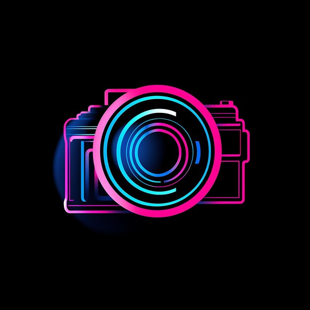 Design al neon del logo della fotocamera con pellicola e lame di apertura tatuaggio idea clipart rosa vibrante