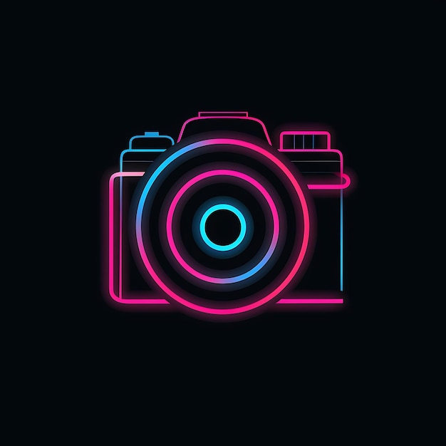 Design al neon del logo della fotocamera con pellicola e lame di apertura tatuaggio idea clipart rosa vibrante