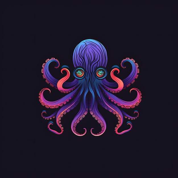 Design al neon del logo Octopus misterioso con tentacoli vorticosi e tatuaggio Idea Clipart del fondale marino