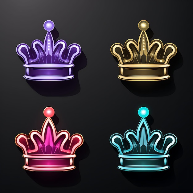 Design al neon dell'icona della corona Emoji con set di adesivi Clipart Royal Majestic e Regal Expressions
