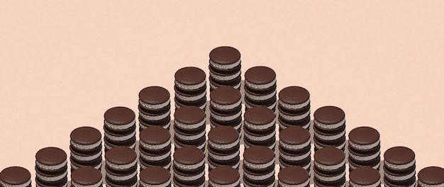 Design alimentare minimale. 3d rendono i biscotti al cioccolato nello spazio beige a scacchi isometria. Banner. Ristorante, negozio di dolciumi da forno, concept art di consegna di cibo. Amante del cacao. La geometria nei dettagli.