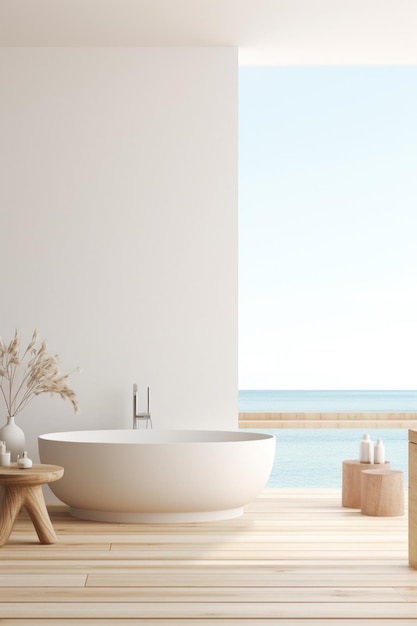 Design bagno Loft moderno in casa villa con piscina vista mare rendering 3D