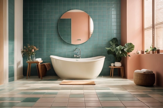 Design carino del bagno con pavimento in piastrelle