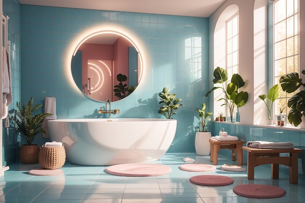 Design carino del bagno con pavimento in piastrelle