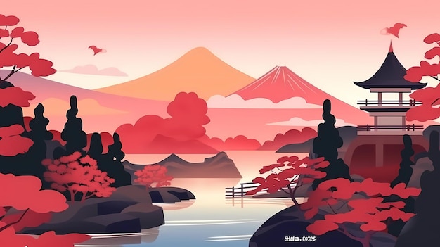 Design colorato giapponese dell'illustrazione degli edifici della natura e dell'IA generativa della vita selvaggia