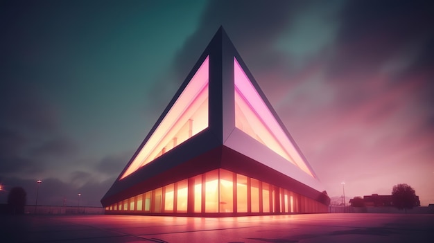 Design contemporaneo a forma di triangolo Architettura moderna Esterno dell'edificio con vetro, cemento ed elementi in acciaio Illustrazione futuristica delle tecnologie future IA generativa