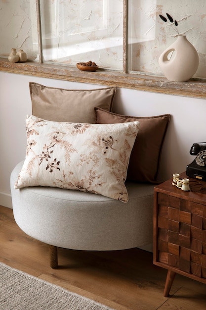 Design creativo degli interni del soggiorno con poggiapiedi moderno, cuscini eleganti, comò in legno e accessori alla moda Spazio per la copia del modello