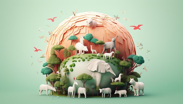 Design creativo del poster per la giornata mondiale degli animali in 3D minimo Rendering realistico