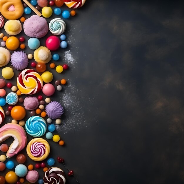 Design creativo di poster di pasticceria vibrante con una deliziosa caramella colorata sullo sfondo con vista dall'alto