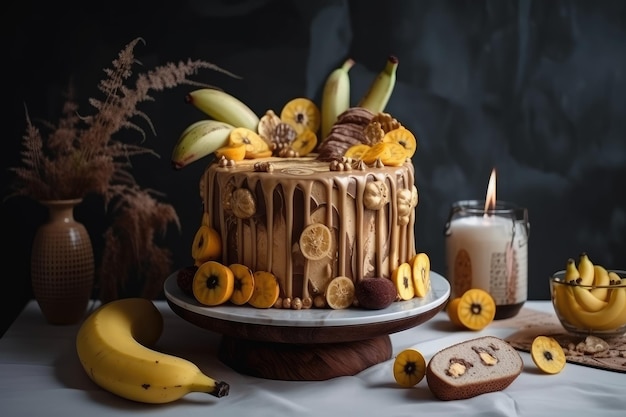 Design creativo e unico per torta alla banana con ingredienti e decorazioni alla moda