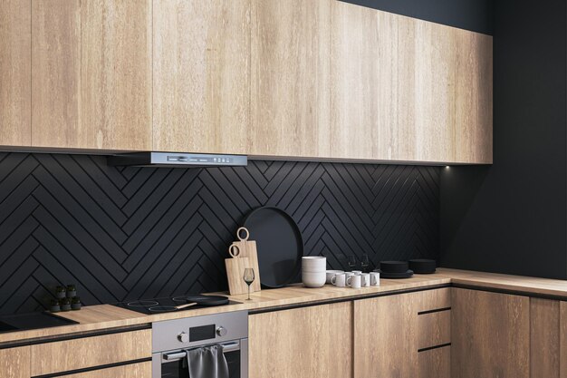 Design d'interni di cucina contemporanea in nero e legno 3D Rendering