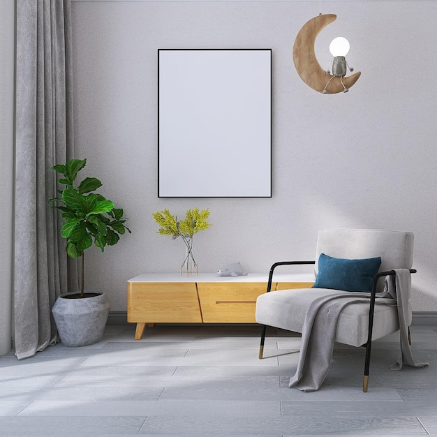 Design d'interni moderno e minimalista del soggiorno con tende per mockup con cornice per foto