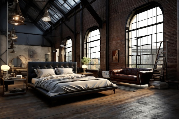 Design d'interni per camera da letto loft industriale