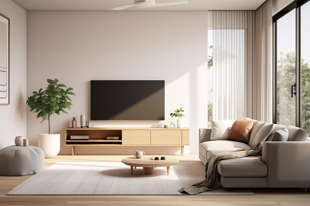 Design d'interno in stile scandinavo del moderno divano grigio del soggiorno
