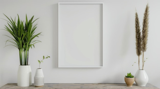 Design d'interno minimalista con cornice bianca e piante verdi