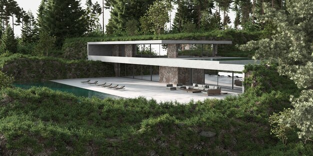 Design dall'architettura minimale. Terrazza della casa e piscina