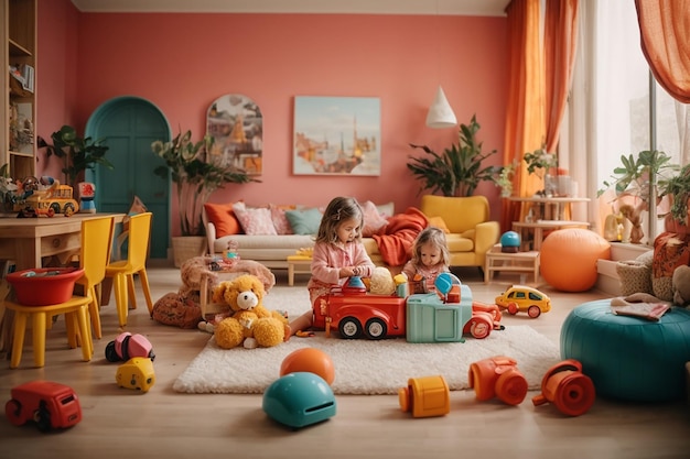 Design degli interni ad alto angolo con giocattoli per bambini