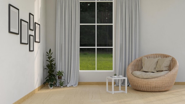 Design degli interni del soggiorno domestico minimale e confortevole con tavolino e finestra con poltrona in vimini