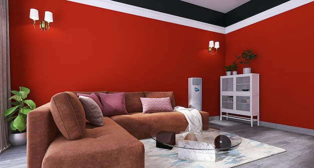 Design degli interni del soggiorno minimale con cuscino del divano, condizionatore d'aria, tende da tavolino