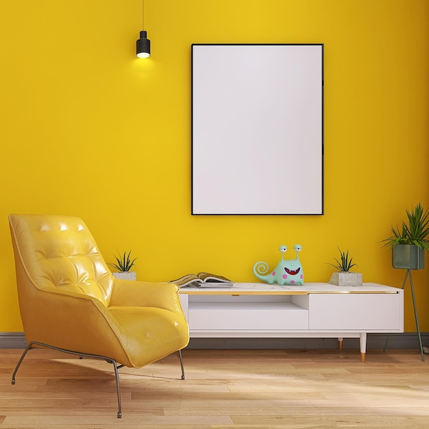 Design degli interni del soggiorno minimale con divano giallo mockup cornice per foto vuota