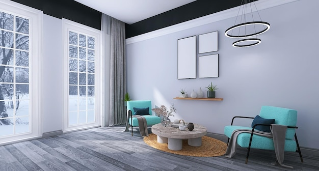 Design degli interni del soggiorno minimale con finestre per tavolini da caffè mockup con cornice vuota per divano