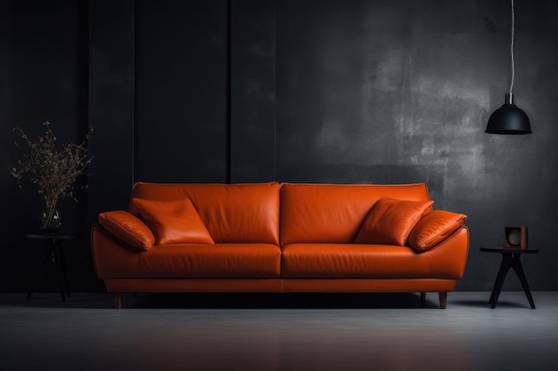 Design degli interni del soggiorno moderno con divano in pelle arancione e piante domestiche Illustrazione generata da AI