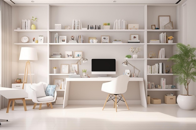 Design degli interni della sala studio domestica in concetto bianco con scaffali per libri sul tavolo da studio e decorazioni rendering 3d
