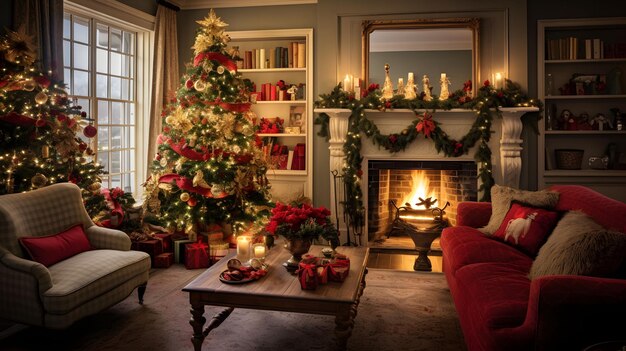 Design degli interni della stanza di Natale Sala da letto luminosa adornata con decorazioni natalizie festive Fotografia iperrealistica AI generativa
