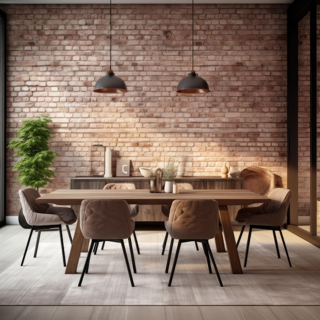 Design degli interni di un moderno appartamento soggiorno o sala da pranzo con muro di mattoni Design per la casa