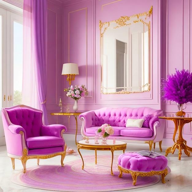 Design degli interni di un soggiorno di lusso con poltrona e tavolo color lavanda generato da AI