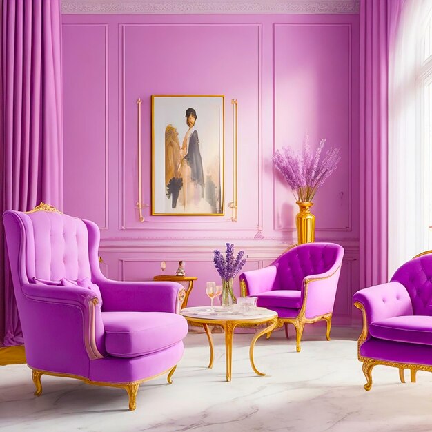 Design degli interni di un soggiorno di lusso con poltrona e tavolo color lavanda generato da AI