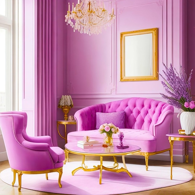 Design degli interni di un soggiorno di lusso con poltrona e tavolo color lavanda generato da AI