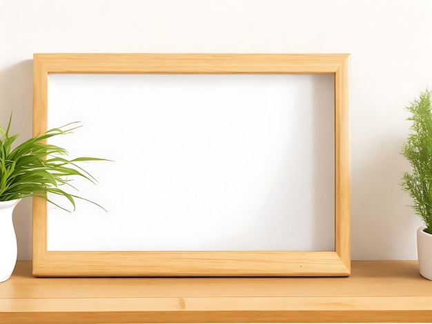 Design degli interni per interni con tavolo in legno cornice vuota quadrata in bambù Mockup su parete bianca per la presentazione del prodotto Modello di cornice per poster 3D