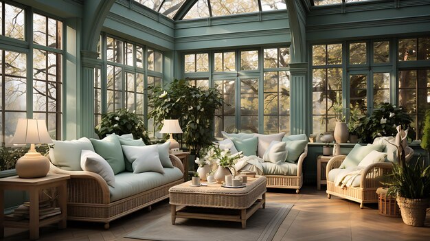 Design degli interni per un giardino d'inverno in una combinazione di colori verde salvia chiaro