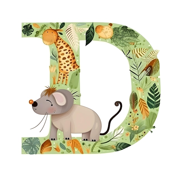 Design dei caratteri per la lettera D con simpatici animali e illustrazione delle foglie