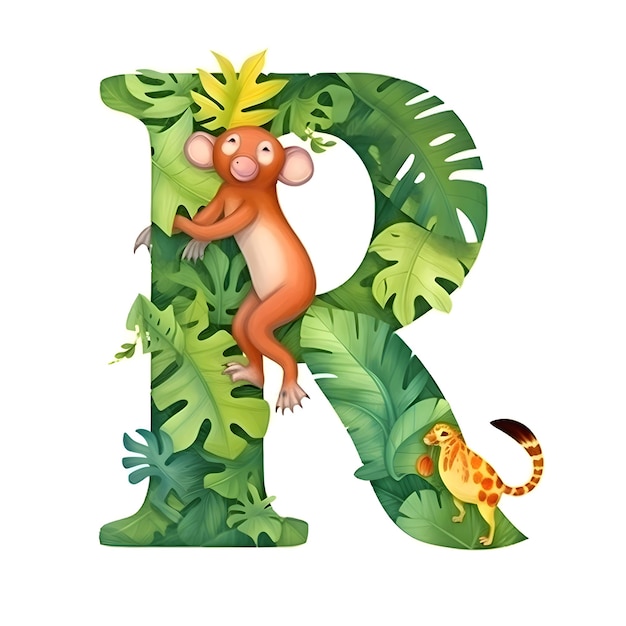 Design dei caratteri per la lettera R con animali della giungla e illustrazione di foglie di monstera