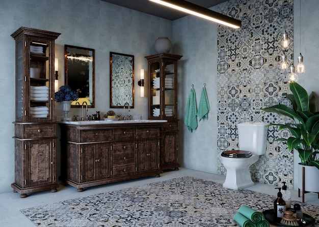 Design del bagno con mobili e pavimento in ceramica