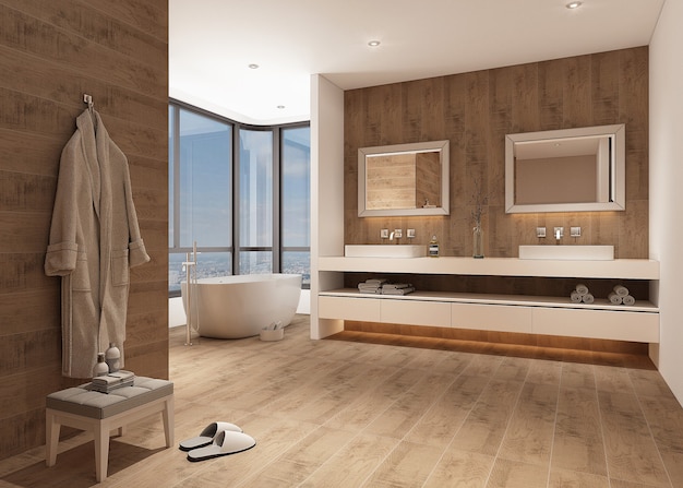 Design del bagno con mobili e pavimento in legno