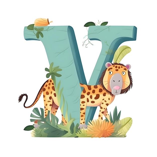 Design del carattere per la lettera V con un leopardo nella giungla