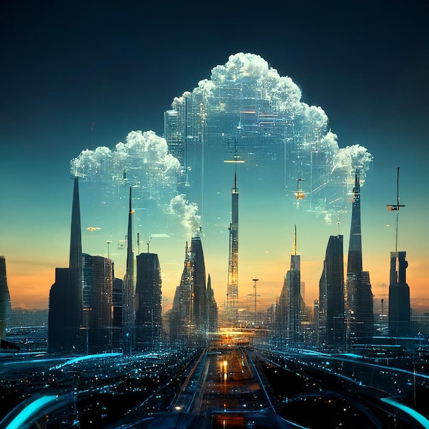 Design del cielo futuristico città astratta torre architettura illustation design connessione internet del trasferimento dati di linea