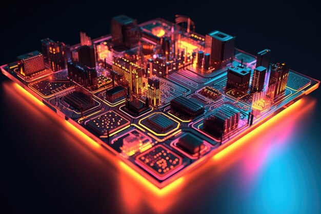 Design del circuito digitale illuminato al neon creato con intelligenza artificiale generativa
