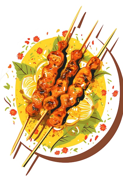 Design del menu Chicken Satay Colore giallo caldo con Vibrant Illustra Flat 2D Creative Art Ideas