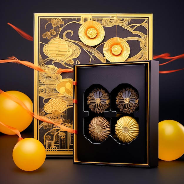 Design del packaging del mooncake del festival di metà autunno. Concetto di festival tradizionale cinese Ai generato