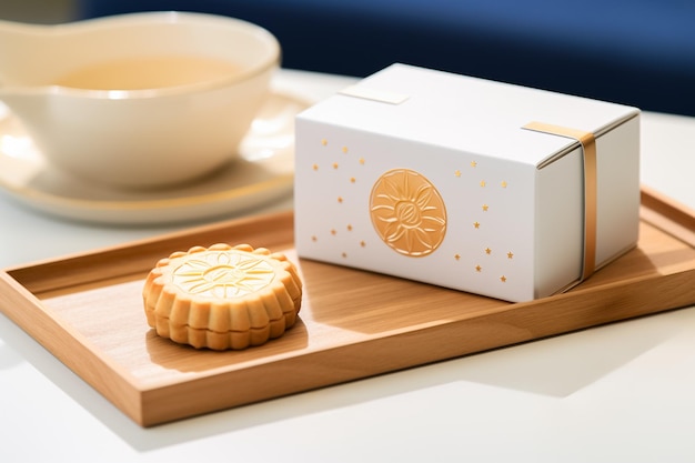 Design del packaging del mooncake del festival di metà autunno. Concetto di festival tradizionale cinese Ai generato