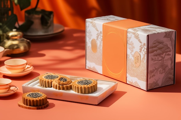 Design del packaging del mooncake del festival di metà autunno. Concetto di festival tradizionale cinese Ai generato